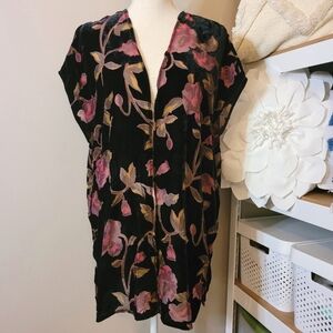 Velvet and sheer floral open front top blouse Cardigan Kimono